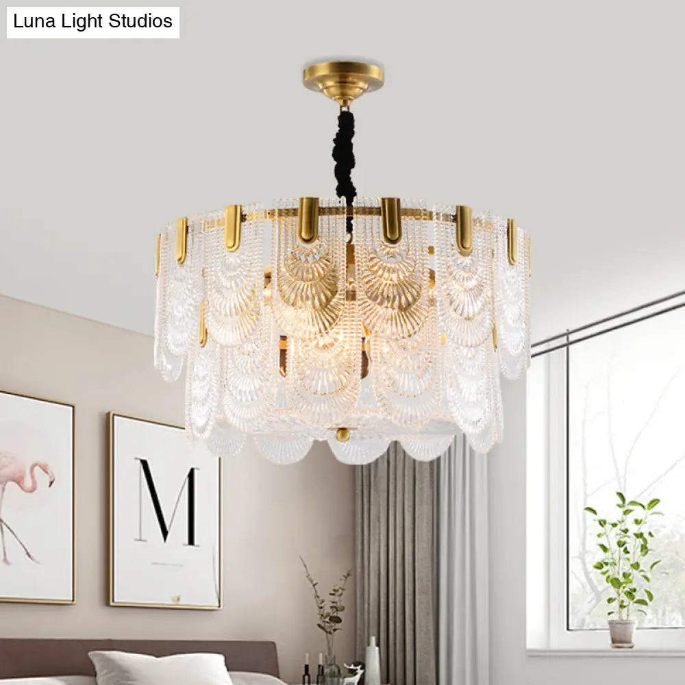 Textured Glass Layered Ceiling Light - Modern Brass Chandelier With 3/8 Lights