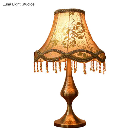 Thérèse - Vintage Brass 1 Head Night Stand Lamp Floral Print Fabric Flared Table Light With