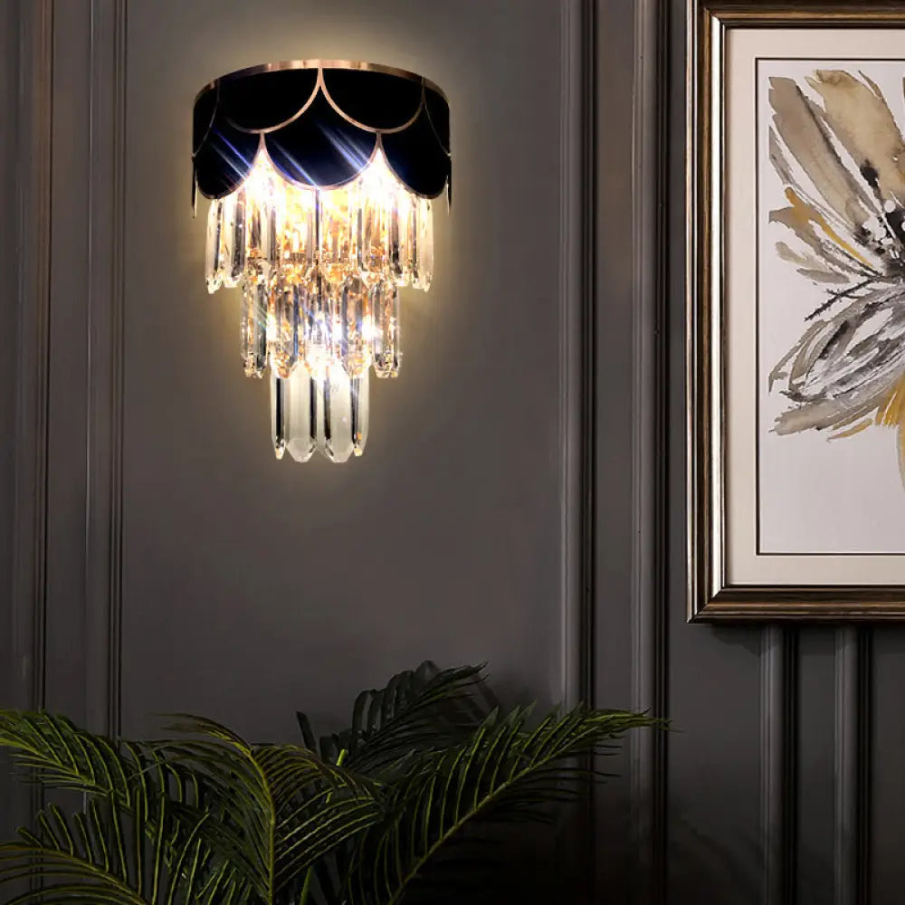 Tiered Wall Lamp With Crystal Block In Black - Modern Metal Lighting For Bedroom / B