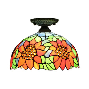 Tiffany 2-Light Domed Semi Flush Mount Ceiling Light With Sunflower Pattern In Brass/Bronze -