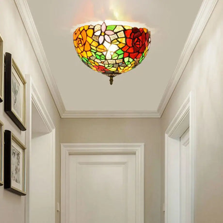 Tiffany 2-Light Stained Glass Floral Ceiling Fixture – Brass Flush Mount For Bedroom / C
