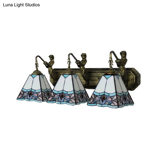 Tiffany 3-Headed Wall Sconce Light Fixture - Orange/Blue Glass Trapezoid Design