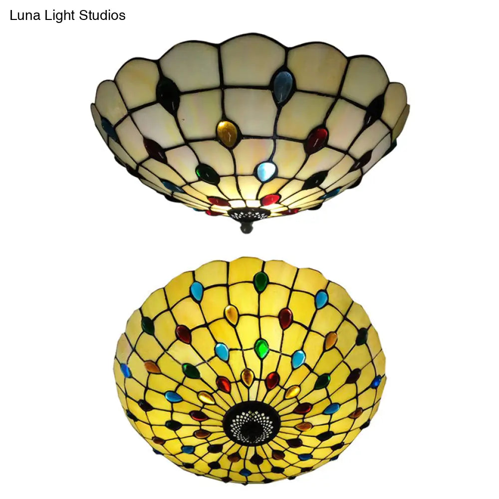 Tiffany 3-Light Beige Flush Mount Ceiling Light For Bedroom With Colorful Jewel And Floral Shade