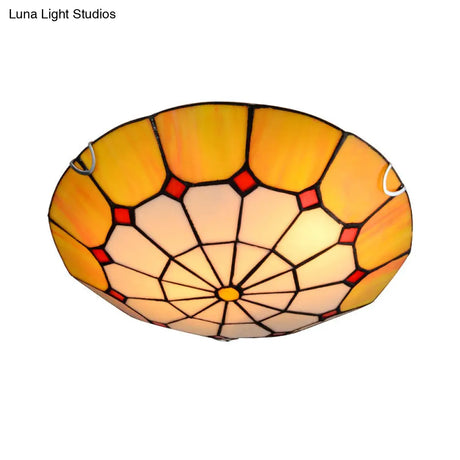 Tiffany Antique Art Glass Grid Bowl Ceiling Lamp In Blue/Orange/Yellow - 12’/16’ Width Bedroom Mount