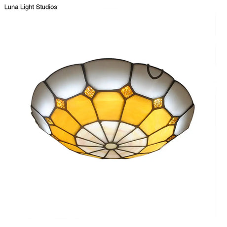 Tiffany Antique Art Glass Grid Bowl Ceiling Lamp In Blue/Orange/Yellow - 12’/16’ Width Bedroom Mount
