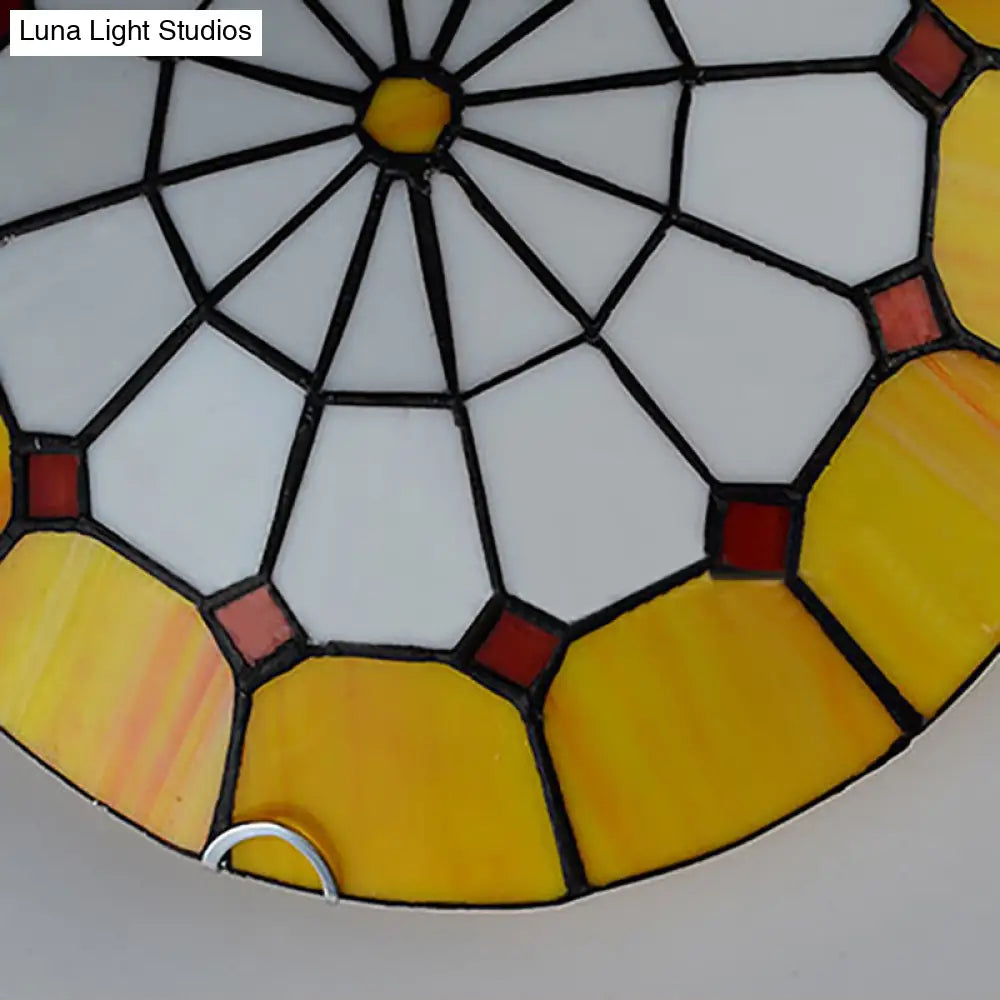Tiffany Antique Art Glass Grid Bowl Ceiling Lamp In Blue/Orange/Yellow - 12’/16’ Width Bedroom Mount