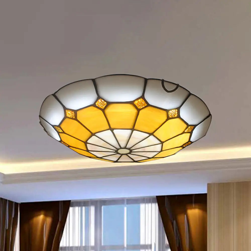 Tiffany Antique Art Glass Grid Bowl Ceiling Lamp In Blue/Orange/Yellow - 12’/16’ Width Bedroom