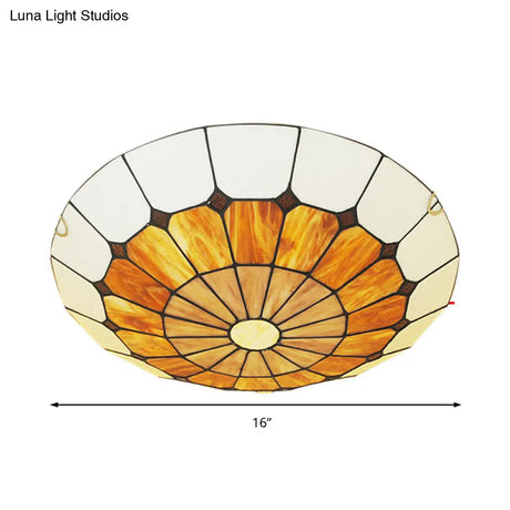 Tiffany Antique Art Glass Grid Bowl Ceiling Lamp In Blue/Orange/Yellow - 12’/16’ Width Bedroom Mount