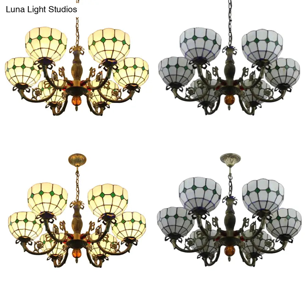 Tiffany Antique Glass Chandelier In Green/Yellow With 6 Bowl Shade Heads For Hotels