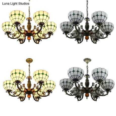 Tiffany Antique Glass Chandelier In Green/Yellow With 6 Bowl Shade Heads For Hotels