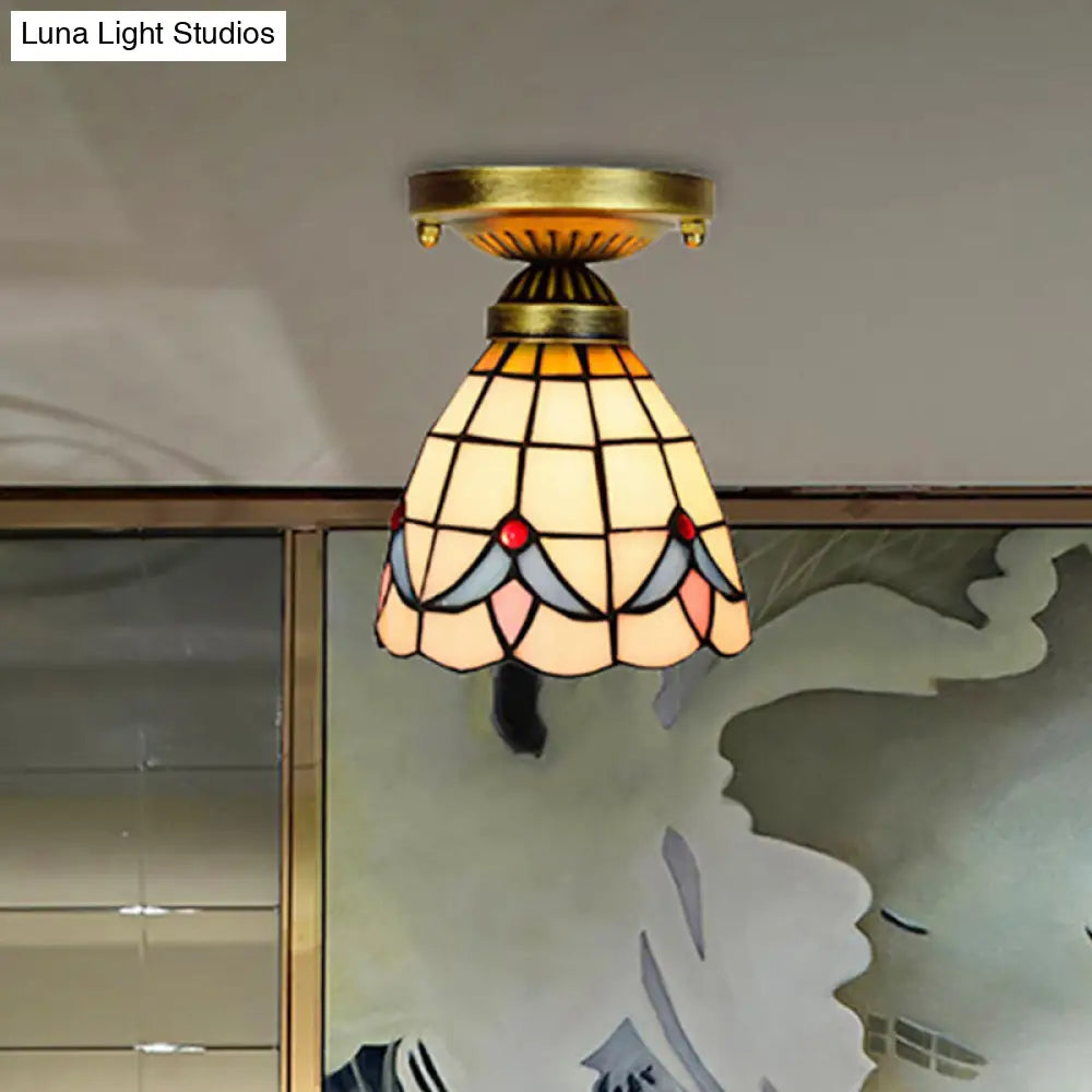 Tiffany Grid Dome Ceiling Light - 6/7 Width Art Glass Flush Mount In White For Hallway