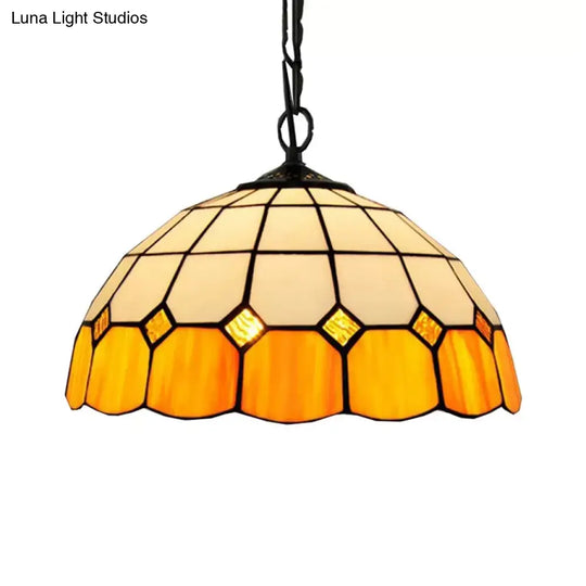 Tiffany Art Glass Dome Pendant Light - Beige/Orange/Blue 1 Bulb Ceiling Hang Fixture For Living