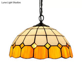 Tiffany Art Glass Dome Pendant Light - Beige/Orange/Blue 1 Bulb Ceiling Hang Fixture For Living