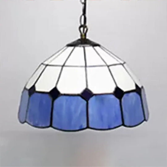 Tiffany Art Glass Dome Pendant Light - Beige/Orange/Blue 1 Bulb Ceiling Hang Fixture For Living