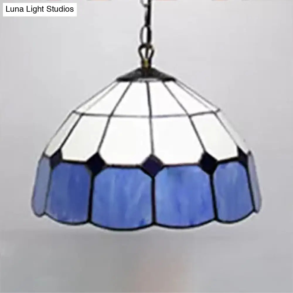 Beige/Orange/Blue Tiffany Dome Pendant Light - Stained Art Glass Ceiling Fixture For Living Room