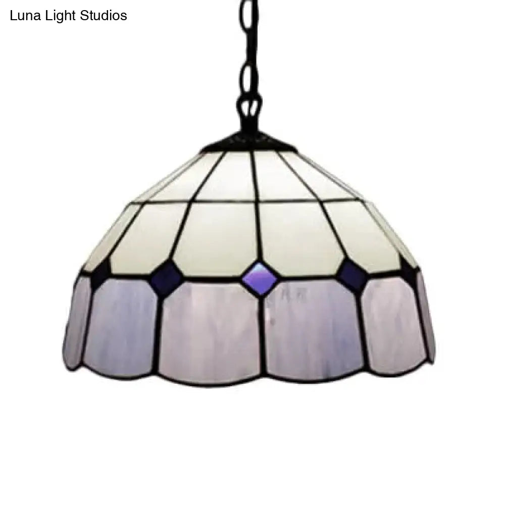 Tiffany Art Glass Dome Pendant Light - Beige/Orange/Blue 1 Bulb Ceiling Hang Fixture For Living