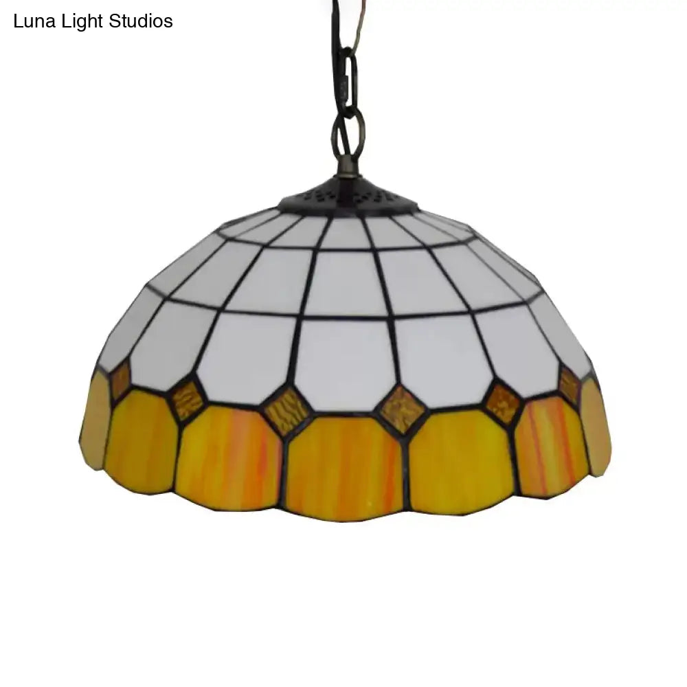 Tiffany Art Glass Dome Pendant Light - Beige/Orange/Blue 1 Bulb Ceiling Hang Fixture For Living
