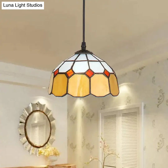 Beige/Orange/Blue Tiffany Dome Pendant Light - Stained Art Glass Ceiling Fixture For Living Room