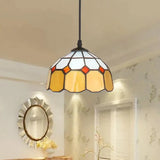 Tiffany Art Glass Dome Pendant Light - Beige/Orange/Blue 1 Bulb Ceiling Hang Fixture For Living