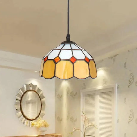 Tiffany Art Glass Dome Pendant Light - Beige/Orange/Blue 1 Bulb Ceiling Hang Fixture For Living