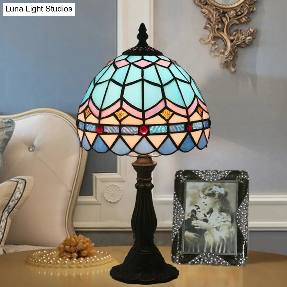 Tiffany Art Glass Night Lamp - Bowl Shaped Stained Table Lighting In Yellow/Blue