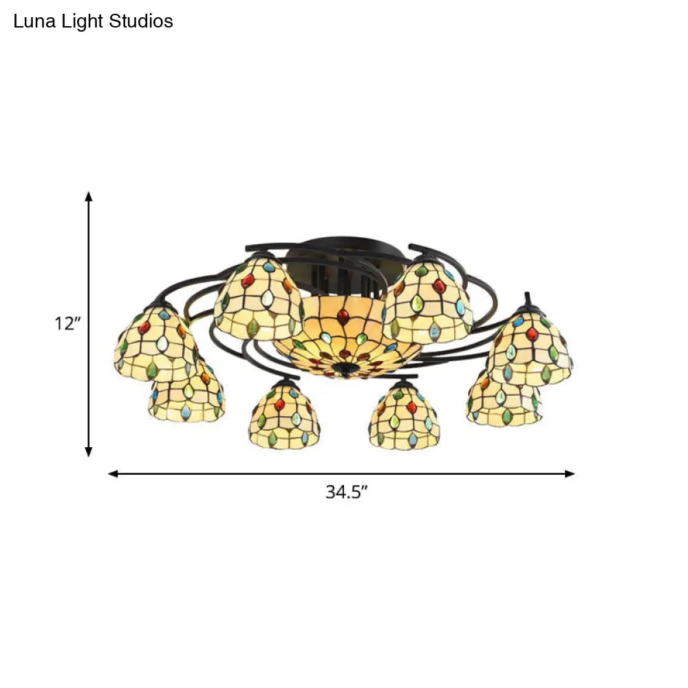 Tiffany Beaded Semi Flush Light - Beige Glass Ceiling Mounted Fixture For Bedroom (9/11 Lights)