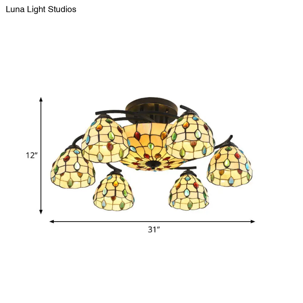 Tiffany Beaded Semi Flush Light - Beige Glass Ceiling Mounted Fixture For Bedroom (9/11 Lights)