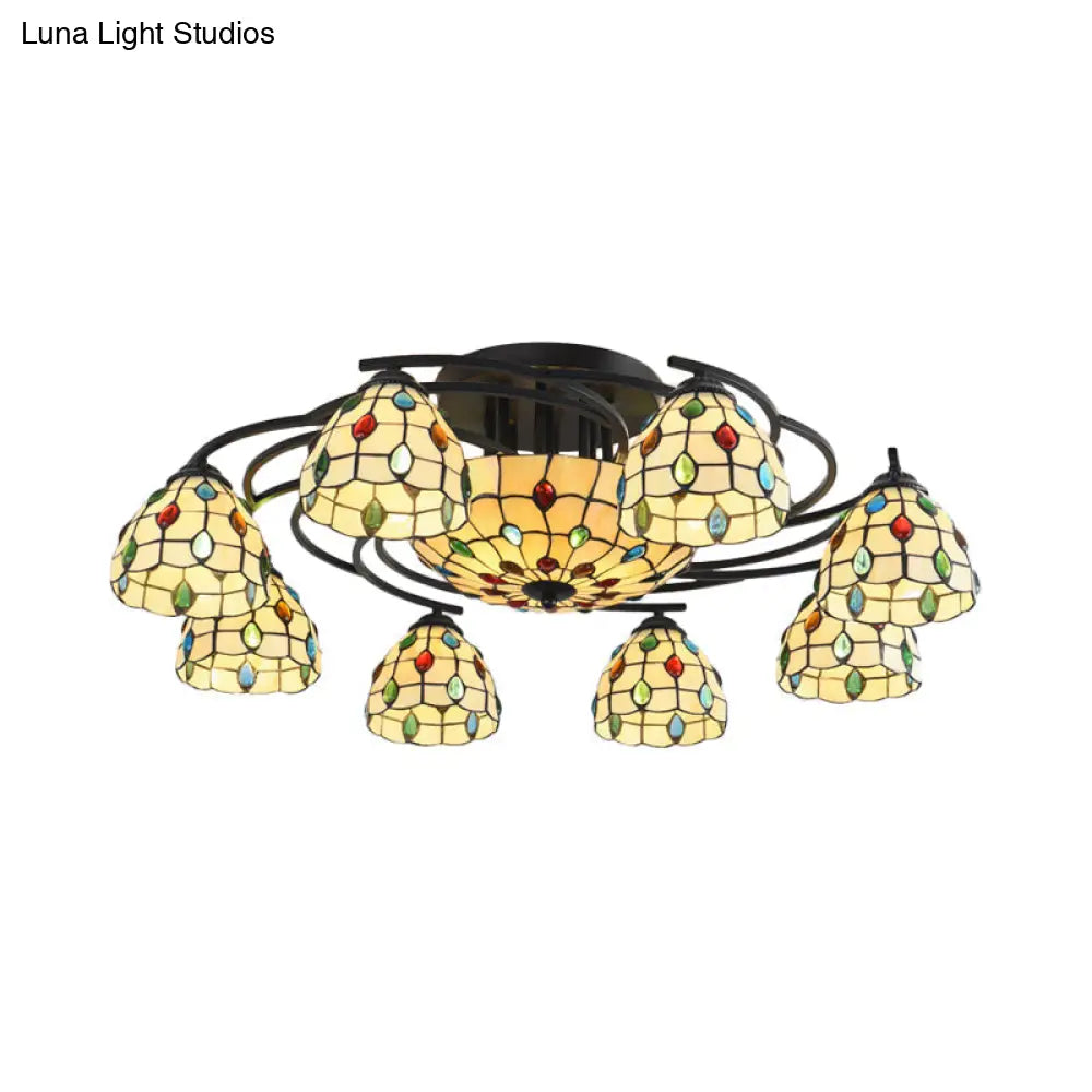 Tiffany Beaded Semi Flush Light - Beige Glass Ceiling Mounted Fixture For Bedroom (9/11 Lights)