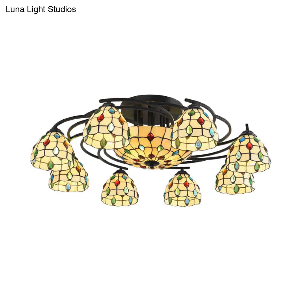Tiffany Beaded Semi Flush Light - Beige Glass Ceiling Mounted Fixture For Bedroom (9/11 Lights)