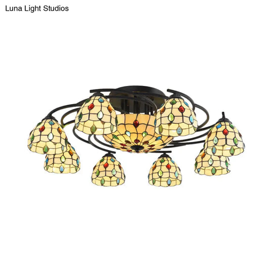 Tiffany Beaded Semi Flush Light - Beige Glass Ceiling Mounted Fixture For Bedroom (9/11 Lights)