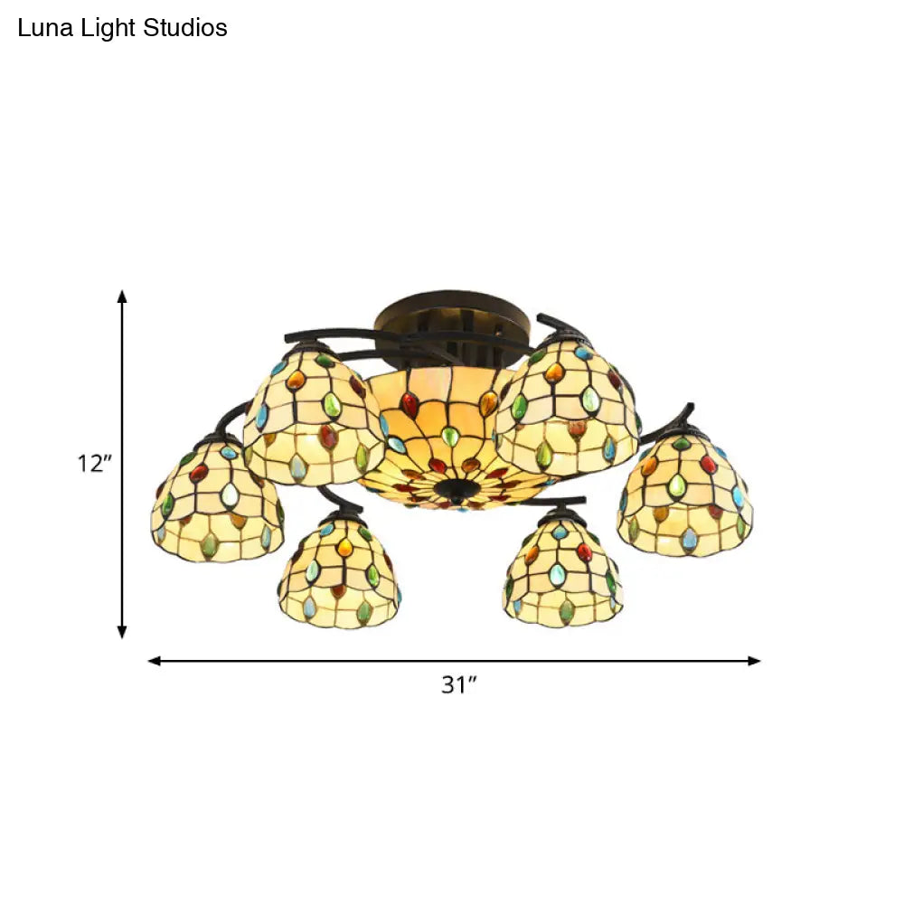 Tiffany Beaded Semi Flush Light - Beige Glass Ceiling Mounted Fixture For Bedroom (9/11 Lights)