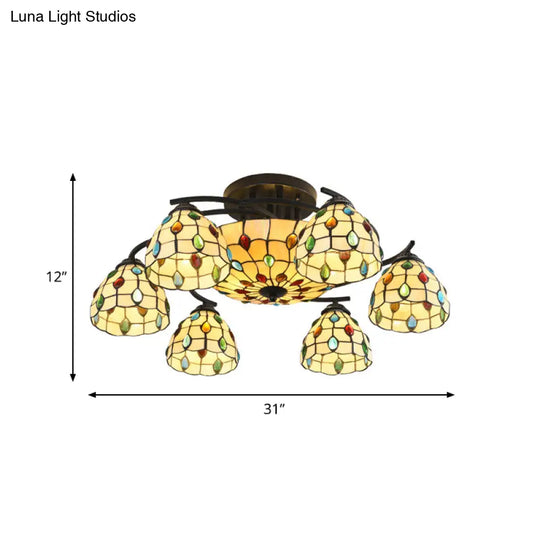 Tiffany Beaded Semi Flush Light - Beige Glass Ceiling Mounted Fixture For Bedroom (9/11 Lights)