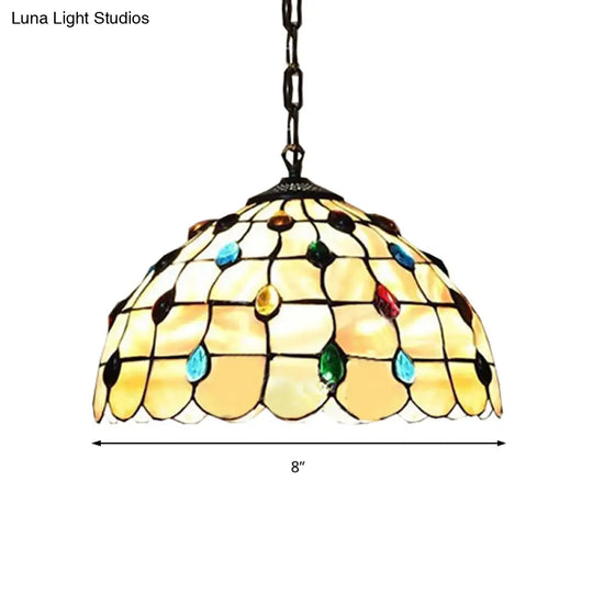 Tiffany Beige Pendant Light With Stained Glass Shade - Elegant Study Ceiling Fixture