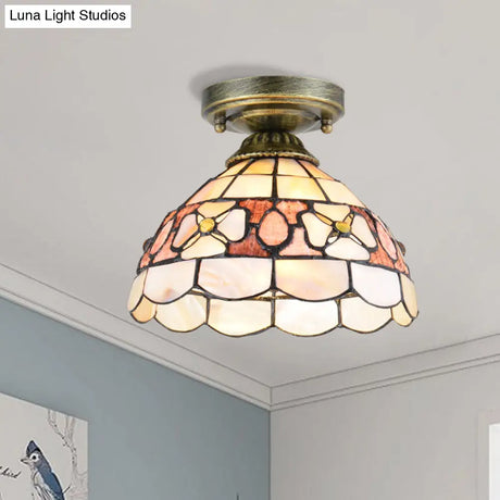Tiffany Beige/Pink/Orange Shell Mini Flush Light Fixture - Natural Decorative Ceiling Lamp