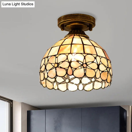 Tiffany Beige/Pink/Orange Shell Mini Flush Light Fixture - Natural Decorative Ceiling Lamp