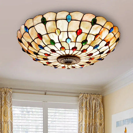 Tiffany Beige Shell Flush Mount Ceiling Light - 3/4 - Light Cabochons - Embellished Ideal For