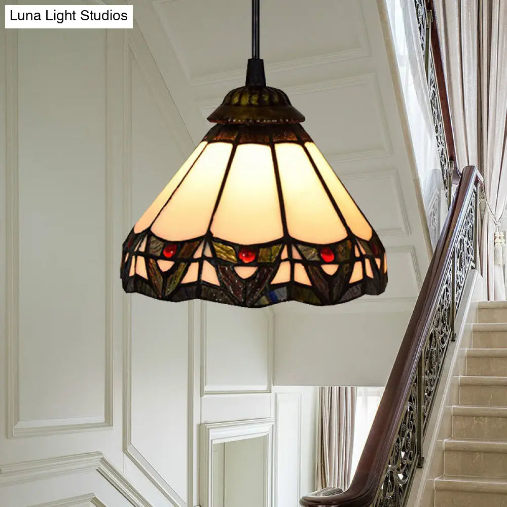 Tiffany Beige Stained Glass Pendant Light For Stairway: 1-Bulb Wide Flare Down Lighting