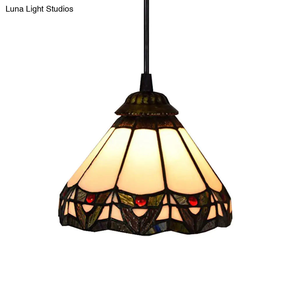 Tiffany Beige Stained Glass Ceiling Pendant Light - Wide Flare Down Lighting For Stairway