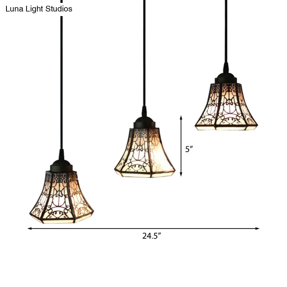 Tiffany Bell Pendant Light Fixture - Stained Art Glass Down Lighting 3 Heads Black & White Ideal