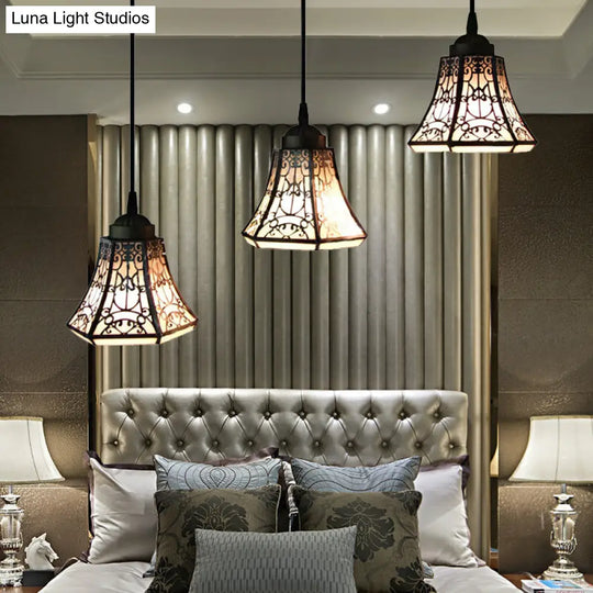 Tiffany Bell Pendant Light Fixture With 3 Stained Art Glass Shades - Black And White Down Lighting