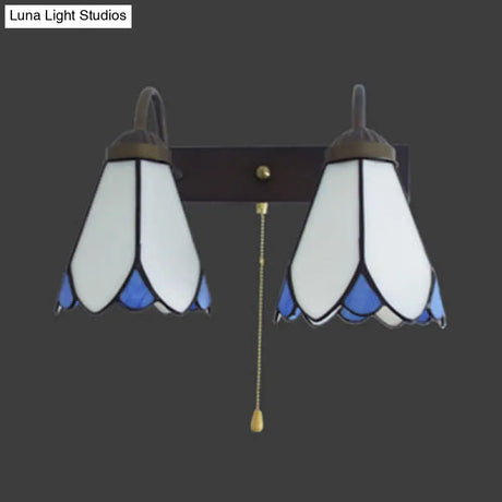 Tiffany Black Wall Mount Light - White Glass Lily Sconce Fixture With Pull Chain Switch