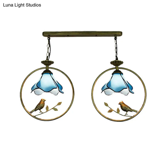 Tiffany Blossom Pendant Lamp With Little Bird Glass Hanging Light In Blue - Perfect For Kitchen