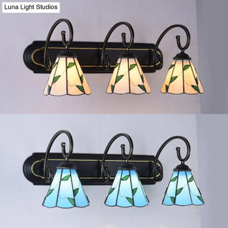 Tiffany Blue/Beige Glass Cone Wall Light Fixture With 3 Heads In Black - Elegant Vanity Sconce