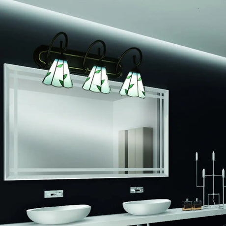 Tiffany Blue/Beige Glass Cone Wall Light Fixture With 3 Heads In Black - Elegant Vanity Sconce Blue