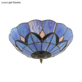Tiffany Blue Glass Ceiling Lamp With 3 Bulbs - Traditional Flush Mount For Bedroom