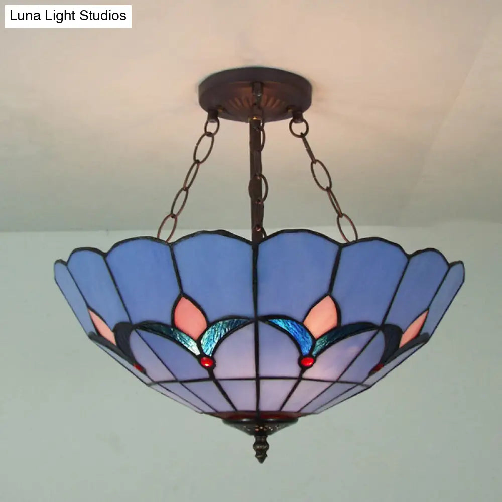 Tiffany Blue Glass Chandelier - Classic Suspended Light For Adult Bedroom
