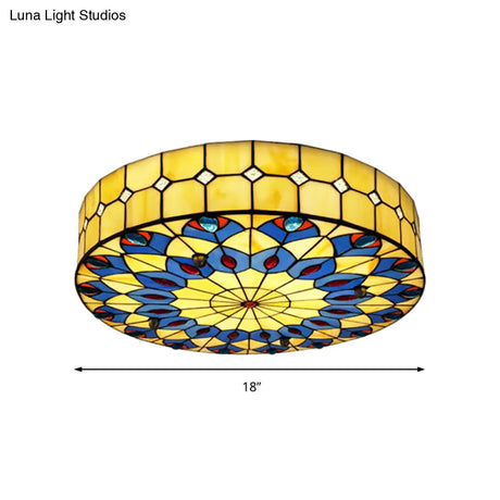 Tiffany Blue Peacock Design Flushmount Ceiling Light For Restaurants - 16’/18’ Round Shade