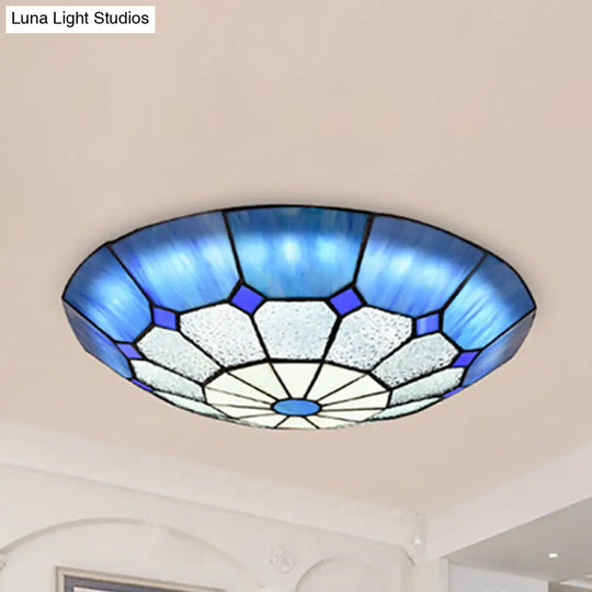 Tiffany Blue Stained Glass Flush Ceiling Light With Bowl Shade - Perfect For Living Room / 12