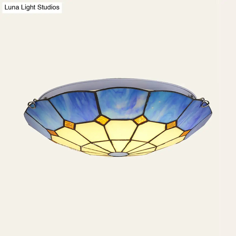 Tiffany Blue Stained Glass Flush Ceiling Light With Bowl Shade - Perfect For Living Room / 19.5