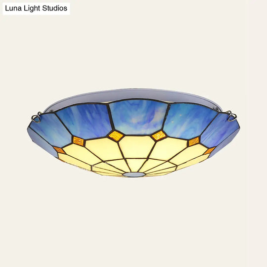 Tiffany Blue Stained Glass Flush Ceiling Light With Bowl Shade - Perfect For Living Room / 19.5